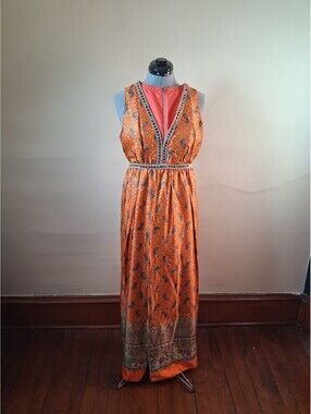 Vintage Disco Jumpsuit, Paisley Handmade Orange Colorful Mcm Size S/M 1960s